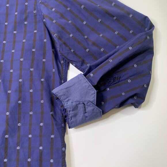 Bugatchi Shirt Men L Large Navy Black Shaped Fit Long Sleeve Button Up Flip Cuff - Picture 3 of 10